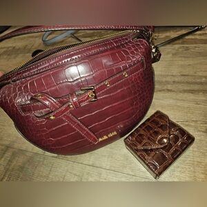 MICHAEL KORS EMILIA HALF MOON MINI CROSSBODY BAG EMBOSSED LEATHER MERLOT
